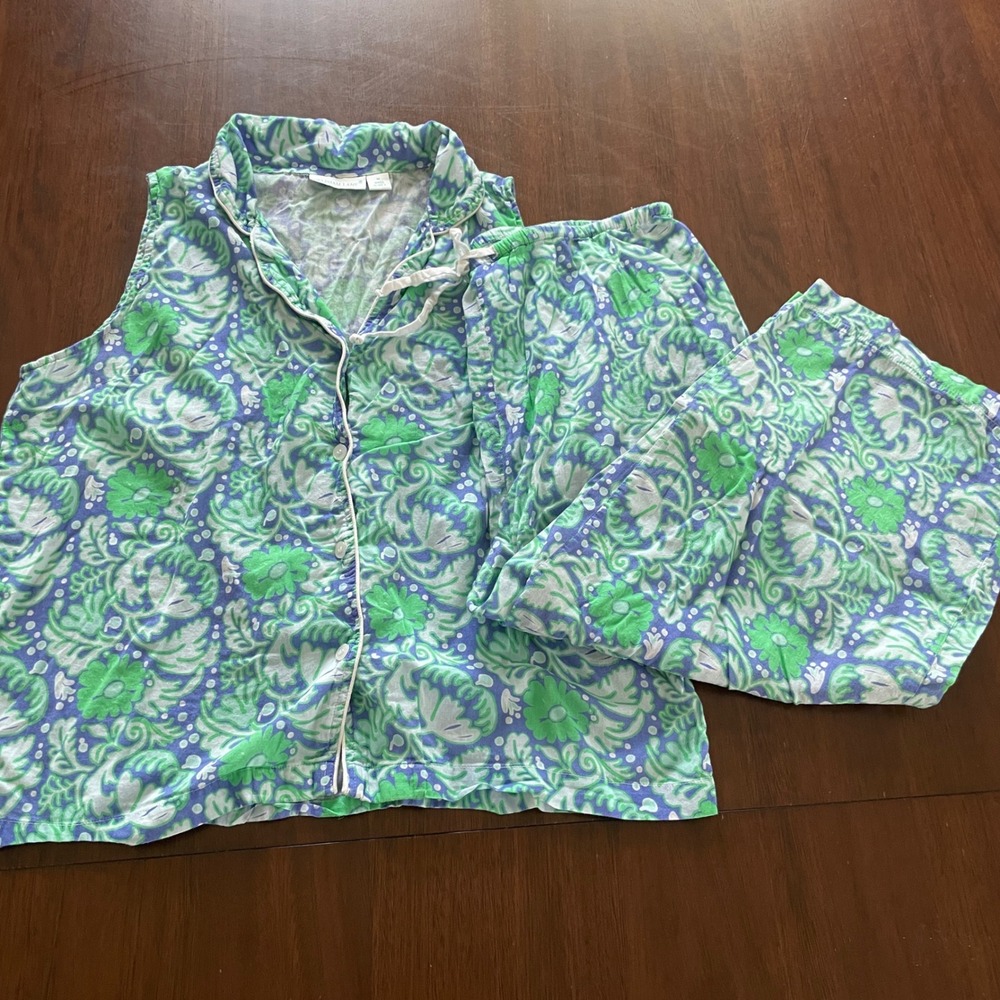 Needham Lane Pajama Set Womens Medium Green Blue Floral Paisley Loungewear